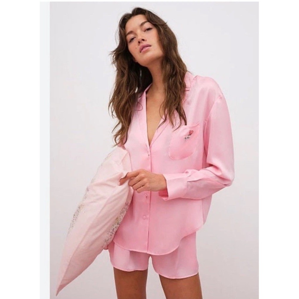 For Love And Lemon Embroidered Satin Pijama Top Pink Size XS Romantic Cottage
